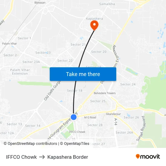 Iffco Chowk to Kapashera Border map