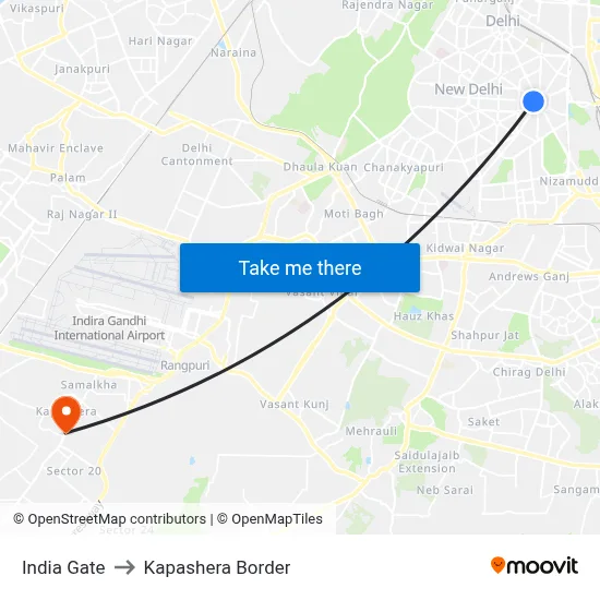 India Gate to Kapashera Border map