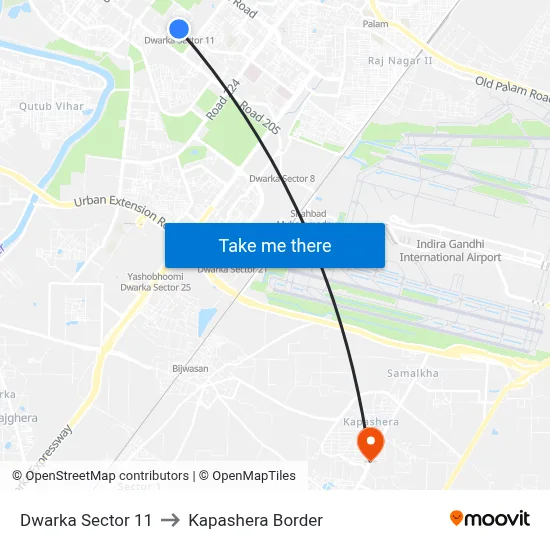 Dwarka Sector 11 to Kapashera Border map