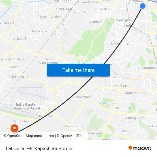 Lal Quila to Kapashera Border map
