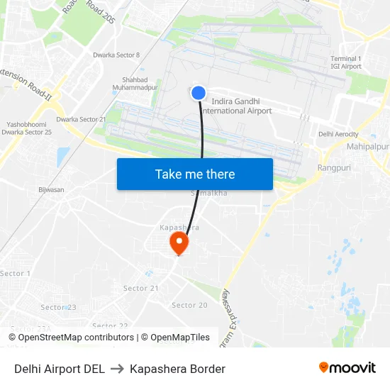 Delhi Airport DEL to Kapashera Border map