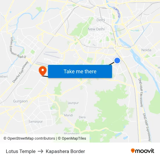 Lotus Temple to Kapashera Border map
