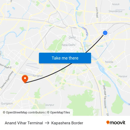 Anand Vihar Terminal to Kapashera Border map