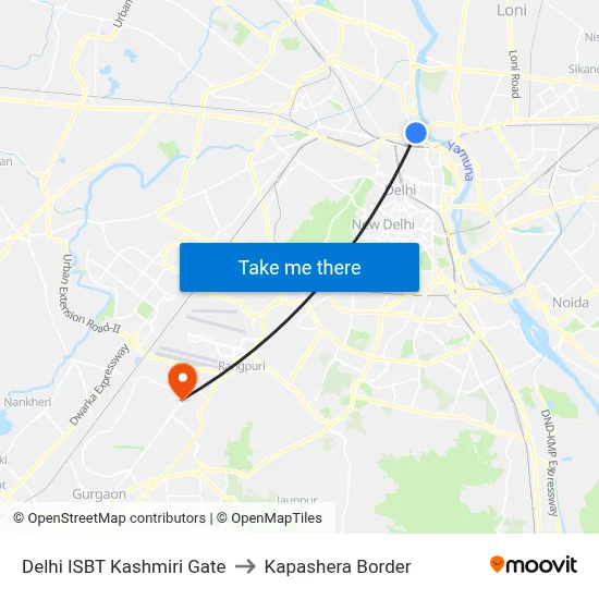 Delhi ISBT Kashmiri Gate to Kapashera Border map