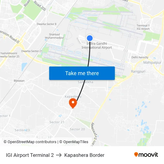 IGI Airport Terminal 2 to Kapashera Border map