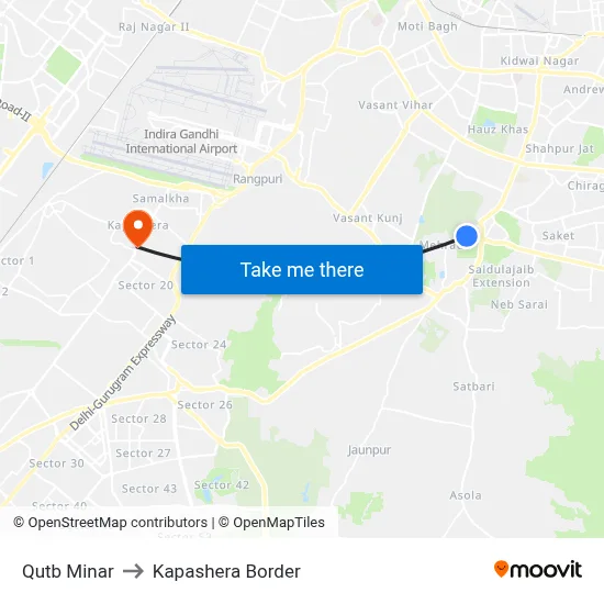 Qutb Minar to Kapashera Border map