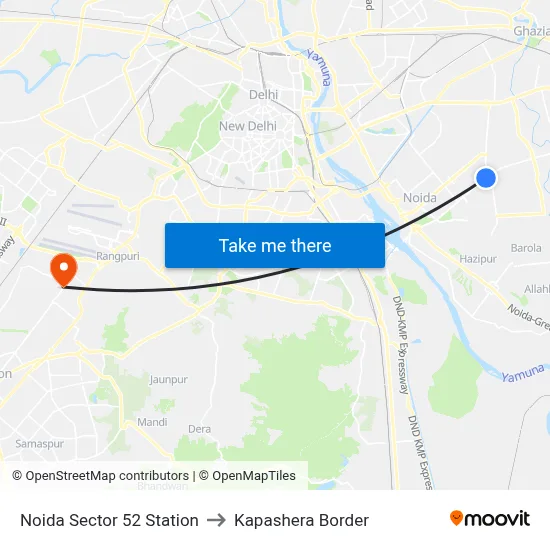 Noida Sector 52 Station to Kapashera Border map