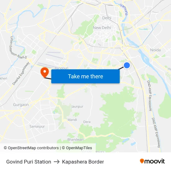 Govind Puri Station to Kapashera Border map