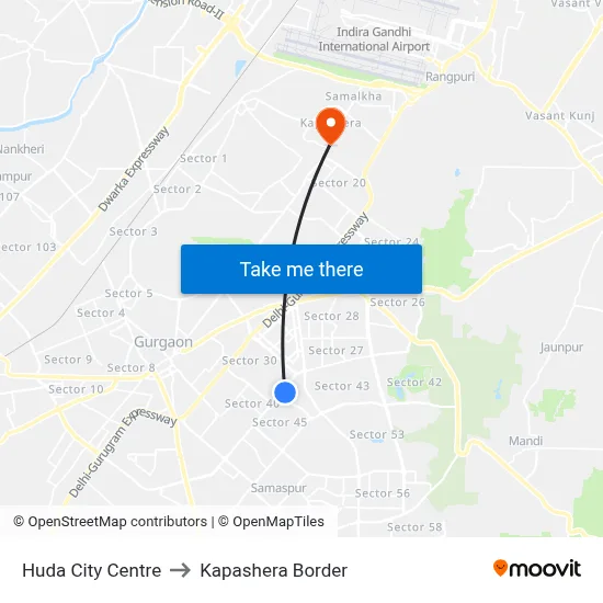 Huda City Centre to Kapashera Border map