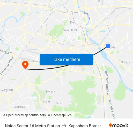 Noida Sector 16 Metro Station to Kapashera Border map