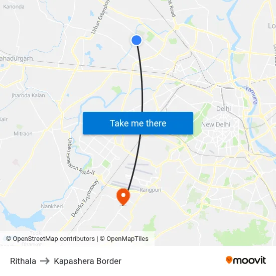 Rithala to Kapashera Border map