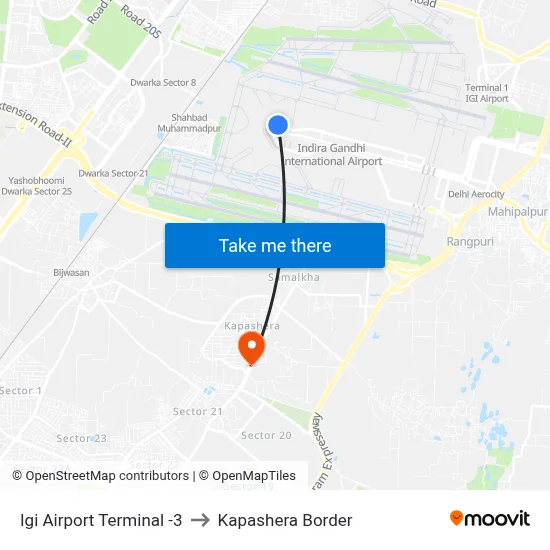 Igi Airport Terminal -3 to Kapashera Border map