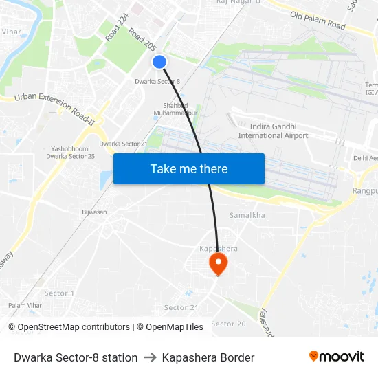 Dwarka Sector-8 station to Kapashera Border map