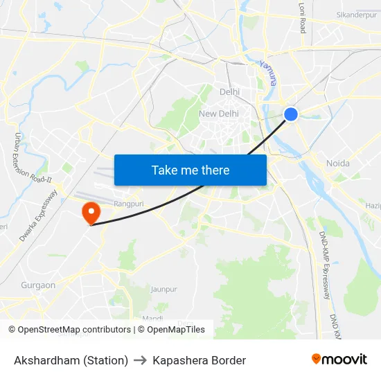 Akshardham (Station) to Kapashera Border map