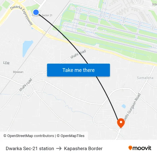 Dwarka Sec-21 station to Kapashera Border map