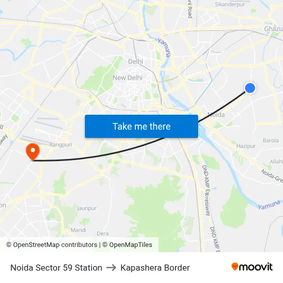 Noida Sector 59 Station to Kapashera Border map