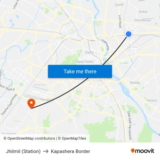 Jhilmil (Station) to Kapashera Border map