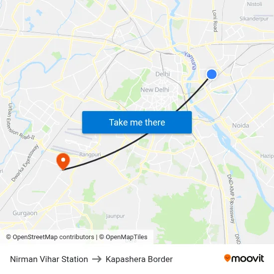Nirman Vihar Station to Kapashera Border map