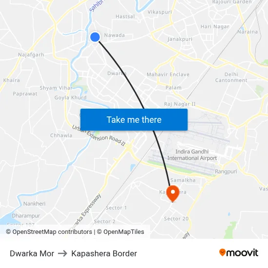 Dwarka Mor to Kapashera Border map
