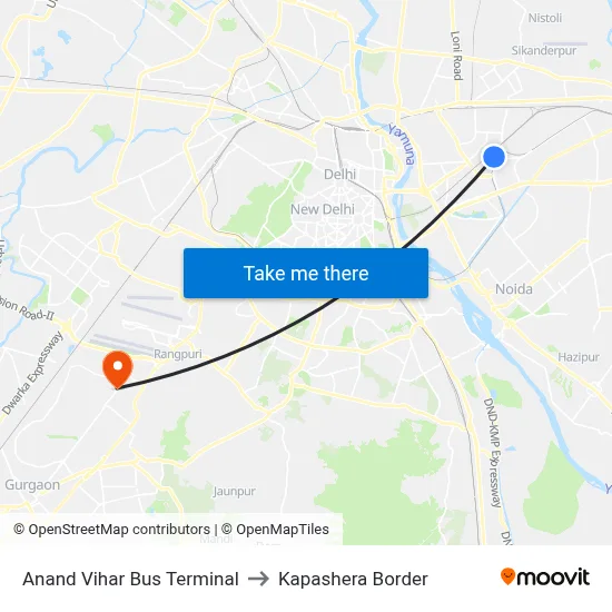 Anand Vihar Bus Terminal to Kapashera Border map
