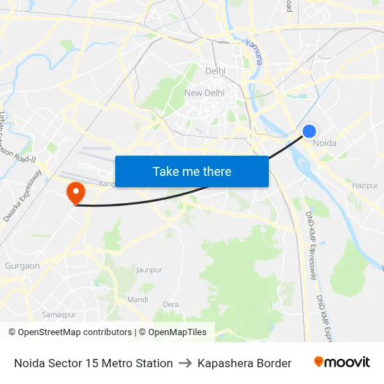 Noida Sector 15 Metro Station to Kapashera Border map