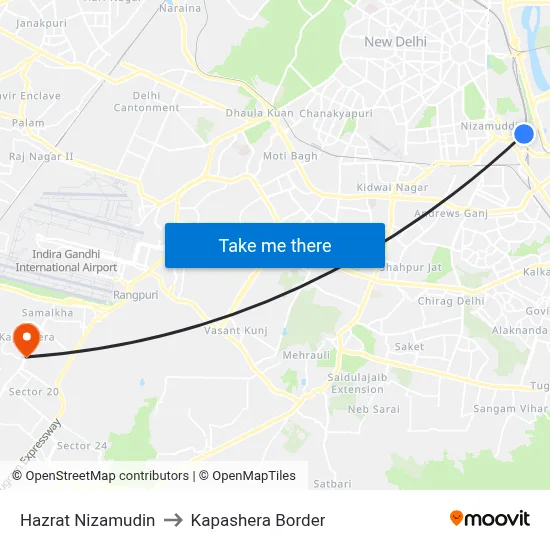 Hazrat Nizamudin to Kapashera Border map