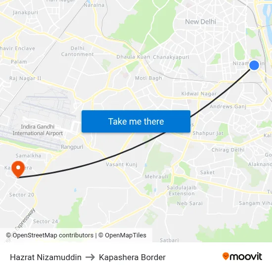 Hazrat Nizamuddin to Kapashera Border map