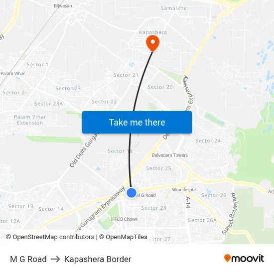 M G Road to Kapashera Border map