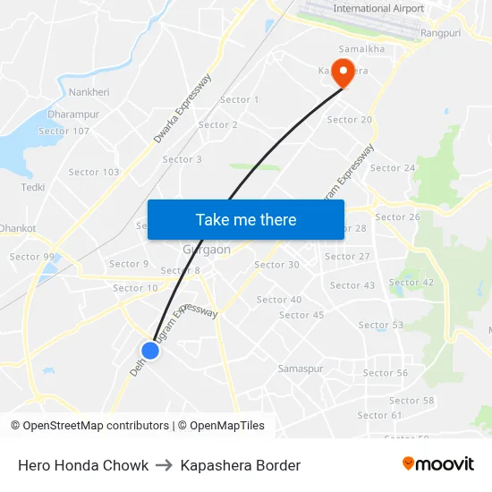 Hero Honda Chowk to Kapashera Border map