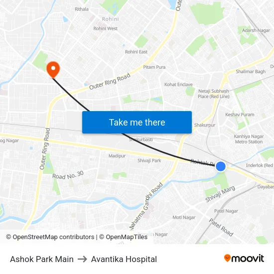 Ashok Park Main to Avantika Hospital map