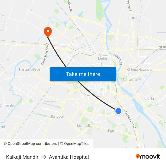 Kalkaji Mandir to Avantika Hospital map