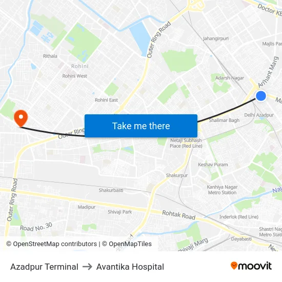 Azadpur Terminal to Avantika Hospital map