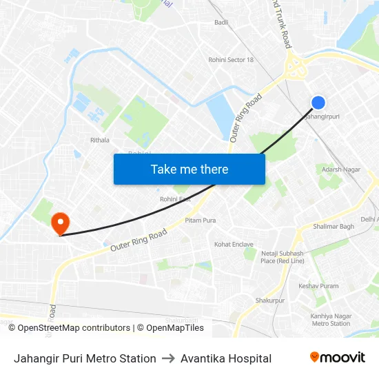 Jahangir Puri Metro Station to Avantika Hospital map