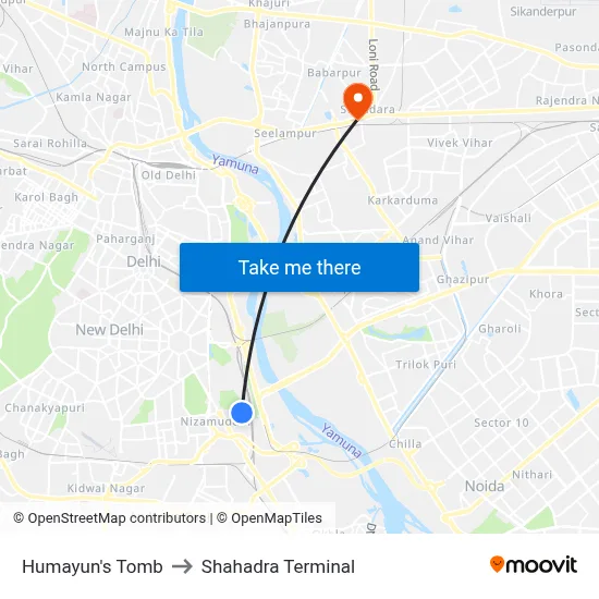 Humayun's Tomb to Shahadra Terminal map