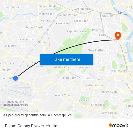Palam Colony Flyover to Ito map