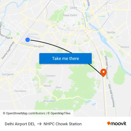 Delhi Airport DEL to NHPC Chowk Station map