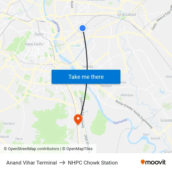 Anand Vihar Terminal to NHPC Chowk Station map