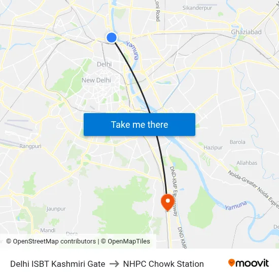 Delhi ISBT Kashmiri Gate to NHPC Chowk Station map