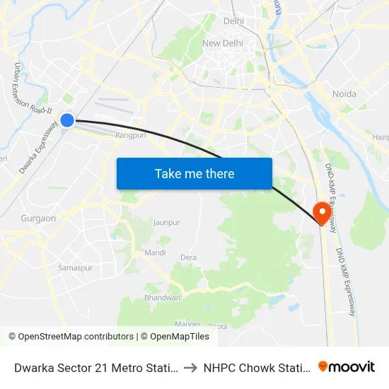 द्वारका सेक्टर 21 मेट्रो स्टेशन to एनएचपीसी चौक स्टेशन map