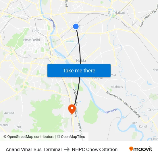 Anand Vihar Bus Terminal to NHPC Chowk Station map