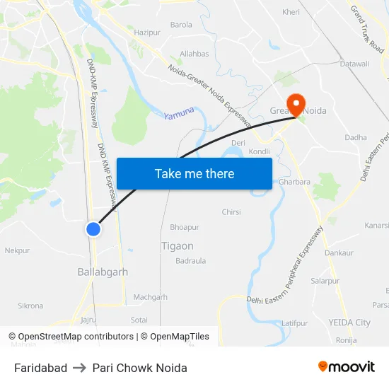 Faridabad to Pari Chowk Noida map