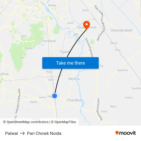 Palwal to Pari Chowk Noida map