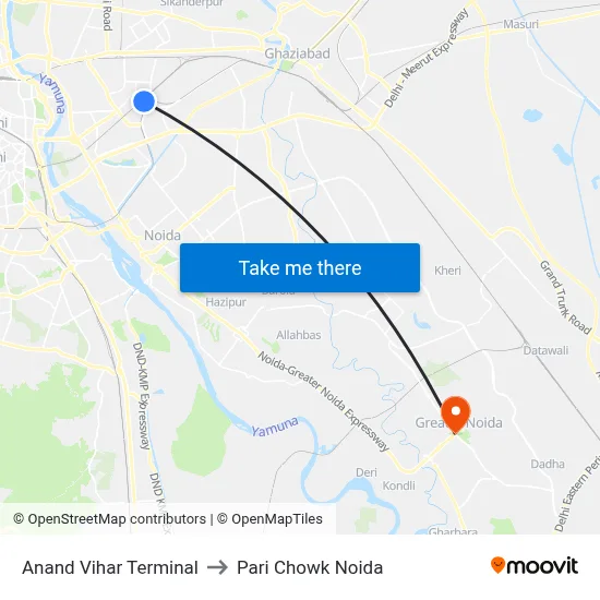 Anand Vihar Terminal to Pari Chowk Noida map