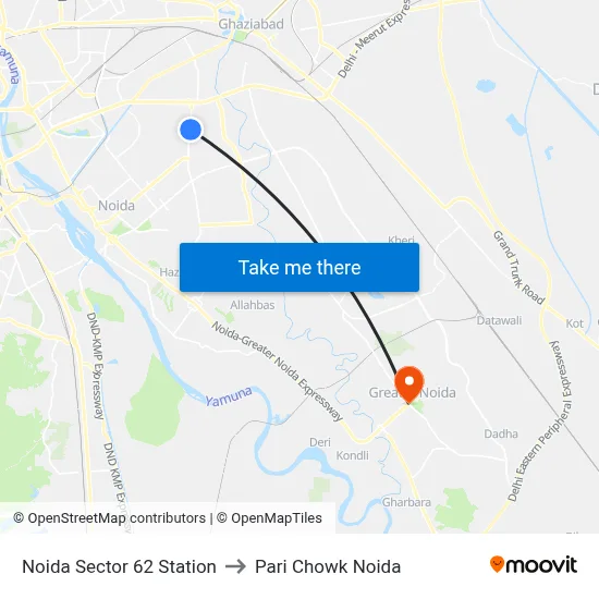 Noida Sector 62 Station to Pari Chowk Noida map