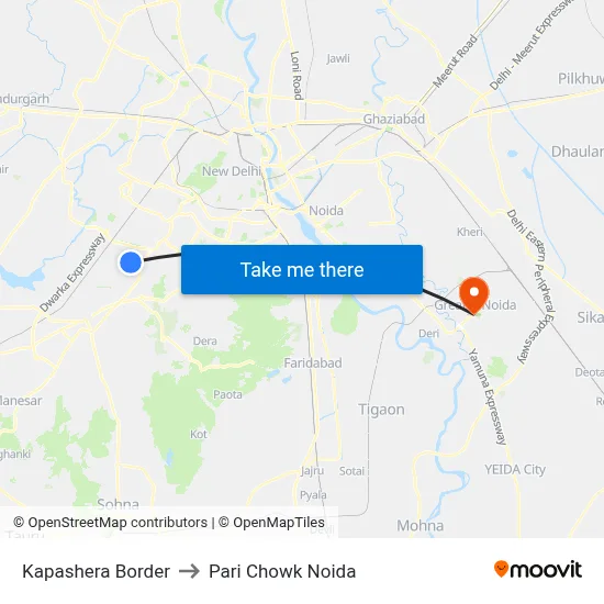 Kapashera Border to Pari Chowk Noida map
