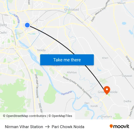Nirman Vihar Station to Pari Chowk Noida map