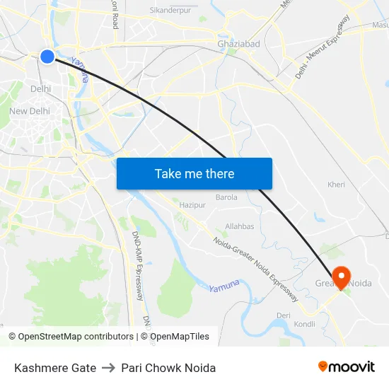 Kashmere Gate to Pari Chowk Noida map