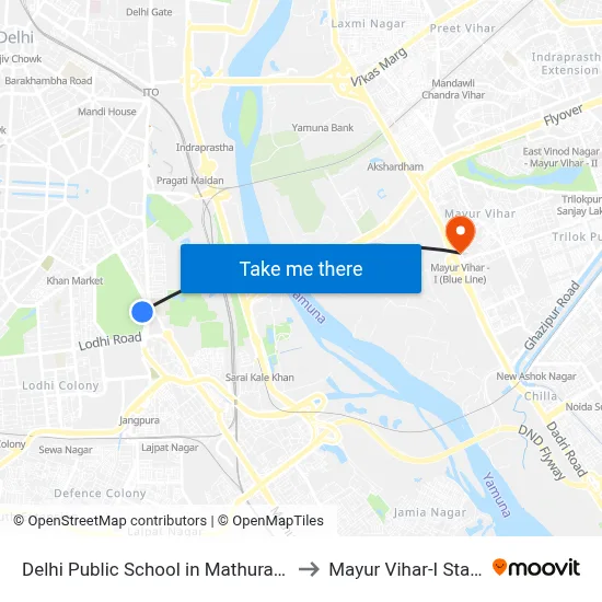 Delhi Public School in Mathura Road, Dr. Zakir Hussain Marg, Delhi Golf Club, Golf Links, New Delhi to Mayur Vihar-I Station map