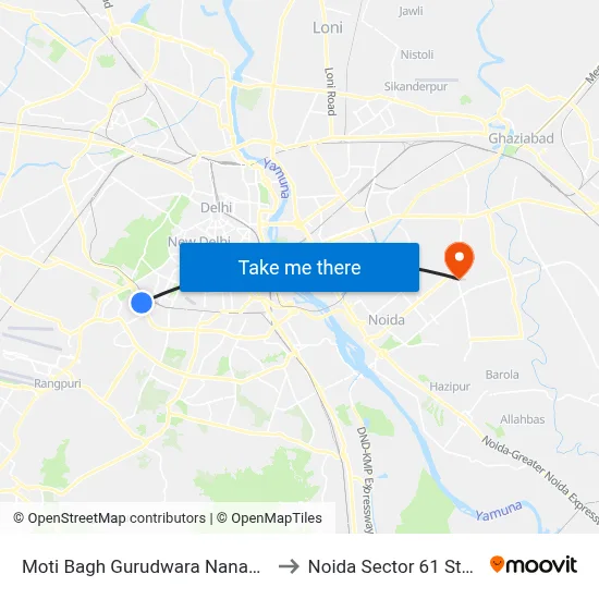 Moti Bagh Gurudwara Nanak Pura to Noida Sector 61 Station map