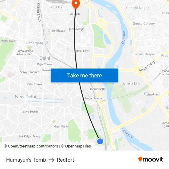 Humayun's Tomb to Redfort map